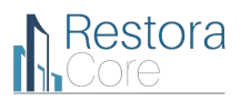 Logo of restoracore, featuring stylized text and a graphic of buildings intertwined with the letters, using shades of blue and grey, designed to symbolize whole home remodel. RestoraCore